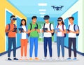 Students using vr headsets and tablets controlling drone in school hallway. AI Generative Royalty Free Stock Photo