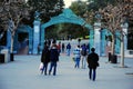 Students walk towards Sather Gate, the entrance to the University of California at Berkeley