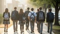 students walking to school wearing backpacks in uniform outdoors Royalty Free Stock Photo
