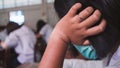 Students wearing mask for protect corona virus or covid-19 and doing exam in classroom with stress Royalty Free Stock Photo