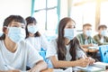 Students wearing  protection mask to prevent germ, virus and PM 2.5 micron in classroom Royalty Free Stock Photo