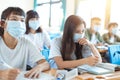 Students wearing  protection mask to prevent germ, virus and PM 2.5 micron in classroom Royalty Free Stock Photo