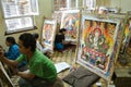 Students working in thangka painting school in Nepal