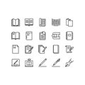 Studies and learning flat line icons set. Stationery tools, bookmark, folder, document, gadgets and electronic devices. Simple