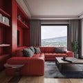 Studio apartment with red leather sofa window