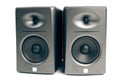 Studio audio monitors on white