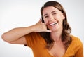 Studio, call me sign and woman with hand gesture on face, smile and phonecall on white background. Network, shaka symbol