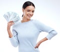 Studio cash money, portrait and happy woman with lottery win, competition giveaway or dollar bills award. Finance bonus Royalty Free Stock Photo