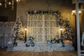 studio with christmass decorations and vintage streetlamps