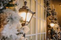 studio with christmass decorations and vintage streetlamps Royalty Free Stock Photo