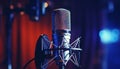 Studio condenser microphone on blurred background with audio mixer music instrument concept
