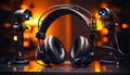 Studio condenser microphone on blurred background with audio mixer musical instrument concept