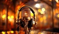 Studio condenser microphone with blurred background and audio mixer musical instrument concept