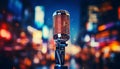 Studio condenser microphone with blurred background and audio mixer musical instrument concept