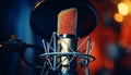 Studio condenser microphone on blurred background with audio mixer musical instrument concept