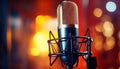 Studio condenser microphone on blurred background with audio mixer musical instrument concept