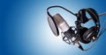 Studio condenser microphone and equipment blue Royalty Free Stock Photo