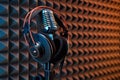 Studio condenser microphone with professional headphones acoustic panel Royalty Free Stock Photo