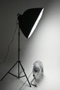 Studio with cyclorama and equipment. Interior of modern photostudio with ventilator professional equipment. Vertical