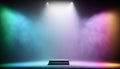 Studio empty stage background with colorful neon spot light beam shine on smoke background, concert stand with blank space for