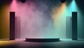 Studio empty stage background with colorful neon spot light beam shine on smoke background, concert stand with blank space for