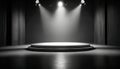 Studio empty stage background with spot light beam shine on background, concert stand with blank space for mock up, swirling fume