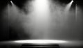 Studio empty stage background with spot light beam shine on background, concert stand with blank space for mock up, swirling fume