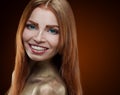 Studio, face, blue eyes, red background, smile, Christmas Royalty Free Stock Photo