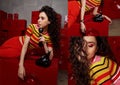 Studio fashion shooting.The girl in a bright outfit, top and pants flared in red and orange tones. Brunette with curly Royalty Free Stock Photo