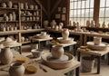 Studio featuring multiple workstations with pottery wheels and unfinished Royalty Free Stock Photo