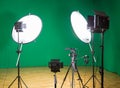 Studio for filming on a green background. The chroma key. Lighting equipment in the Studio. Green screen Royalty Free Stock Photo