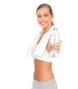 Studio, fitness woman and water bottle for health, diet workout and training motivation or offer. Liquid, nutrition and Royalty Free Stock Photo