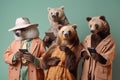 Studio group photo portrait of four bears dressed in bright colored clothes, created with Generative AI technology
