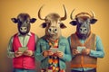 Studio group photo portrait of four buffalos dressed in bright colored clothes, created with Generative AI technology Royalty Free Stock Photo