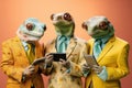 Studio group photo portrait of four chameleons dressed in bright colored clothes, created with Generative AI technology