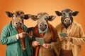 Studio group photo portrait of four five buffalos in bright colored clothes created with Generative AI technology Royalty Free Stock Photo