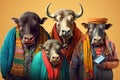 Studio group photo portrait of four five buffalos in bright colored clothes created with Generative AI technology Royalty Free Stock Photo