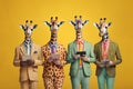 Studio group photo portrait of four five giraffes in bright colored clothes, created with Generative AI technology