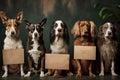 Studio group portrait of dogs holding protest signs created with Generative AI technology Royalty Free Stock Photo