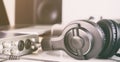 Studio headphone in home music studio Royalty Free Stock Photo