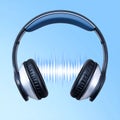 Studio Headphones with Blue and Silver Accents and Audio Wave Visual on Light Blue Background Royalty Free Stock Photo