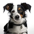 Portrait of black and white dog tilting head looking forward against a light gray background