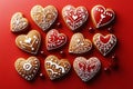 A studio image featuring heart-shaped cookies neatly laid out on a red surface. Royalty Free Stock Photo