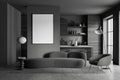 Studio interior with couch and bar countertop, panoramic window and mockup frame Royalty Free Stock Photo