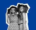 Studio lifestyle portrait of two best friends girls wearing stylish summer dress and straw hats Royalty Free Stock Photo