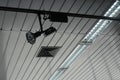 Studio lighting ceiling lamps and controlled track spotlight on rail system Royalty Free Stock Photo