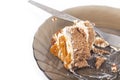 Studio lighting. a cinnamon plate on top of it is a piece of cake and a fork to eat. On a white background