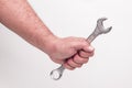 Studio lighting. a human hand. wrench on a white background