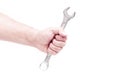 Studio lighting. a human hand. wrench on a white background