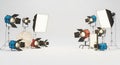 Studio lighting setup with various equipment on white background lights light stands Royalty Free Stock Photo